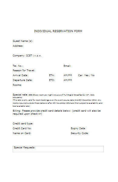 individual reservation form for hotel