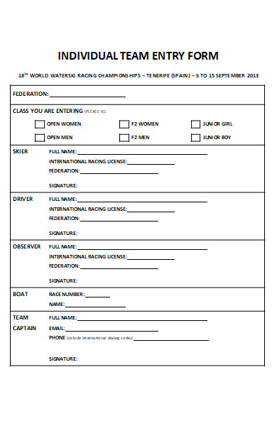 individual team entry form