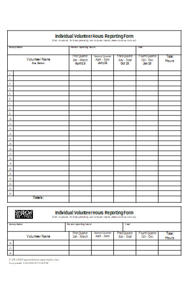 individual volunteer hours reporting form