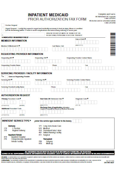 inpatient medicaidprior authorization fax form