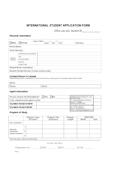 international college student application forms