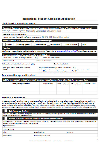 international student admission application form