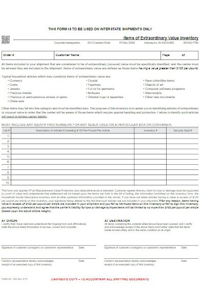 items of extraordinary value inventory form