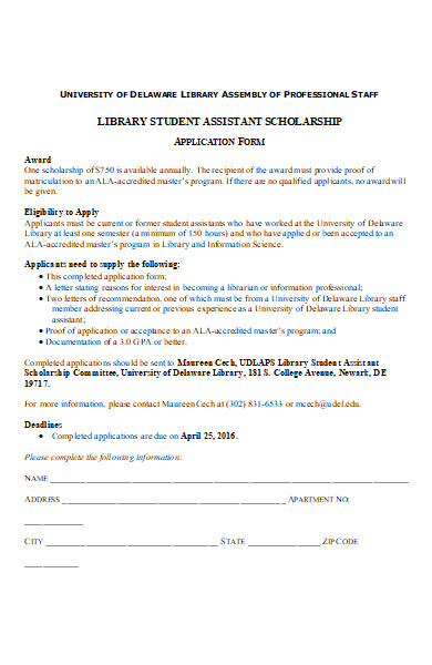 library student assistant scholarship application form