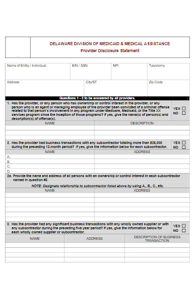 medicaid provider disclosure statement form
