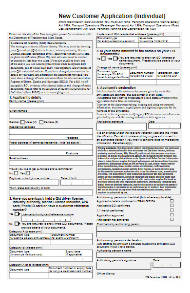 new customer application individual form