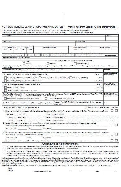 non commercial learners license permit application form