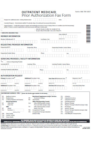outpatient medicaidprior authorization fax form