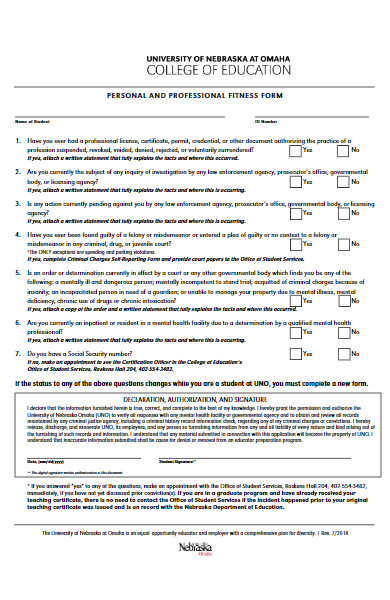 personal fitness form