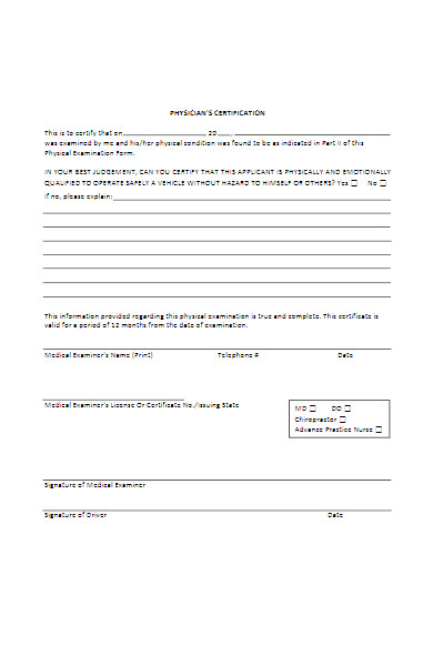 physical examination form for driver