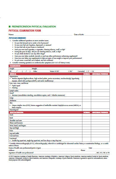 physical examination forms