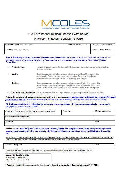 physical fitness examination form