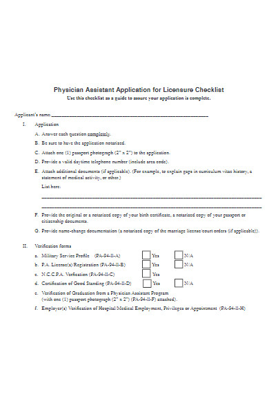 physician assistant application form for licensure