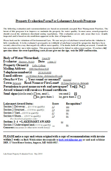 property evaluation form example