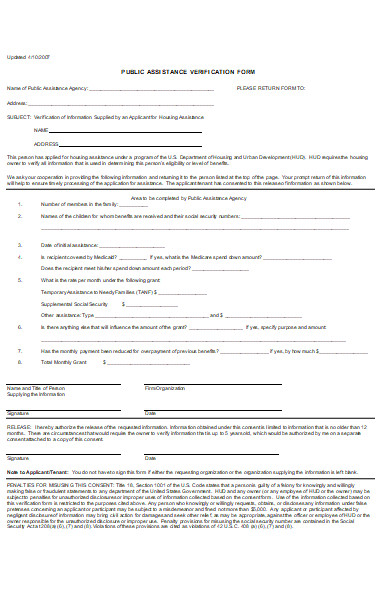 public assistance verification form