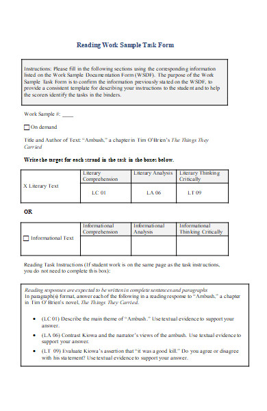 reading work sample task form