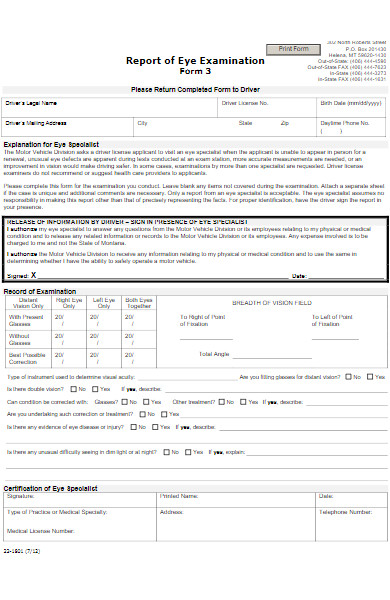 report of eye examination form