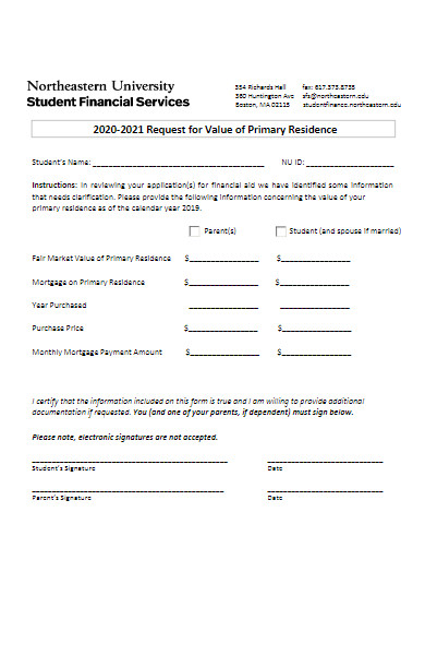 request for value residence form