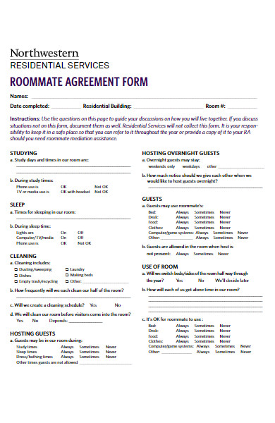 residential roommate agreement form