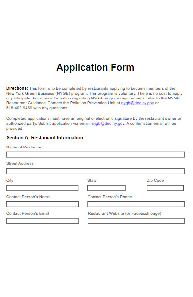 restaurant application form in pdf
