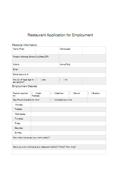 restaurant applications for employment form