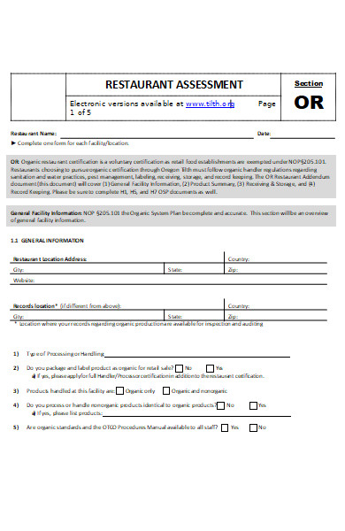 restaurant assessment application form