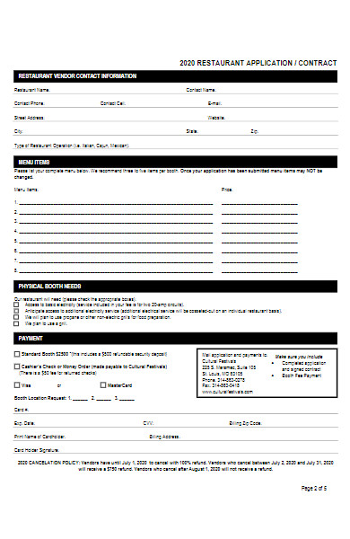 restaurant contract application form