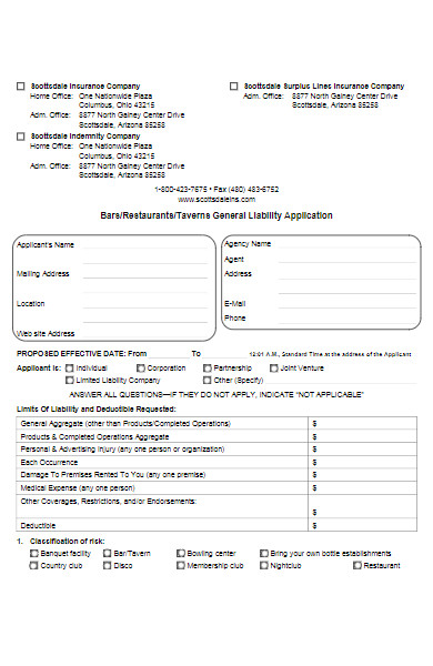 restaurant general liability application form