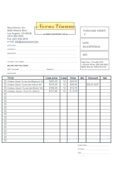 restaurant items purchase order form