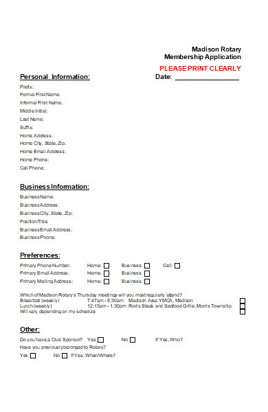 restaurant membership application form
