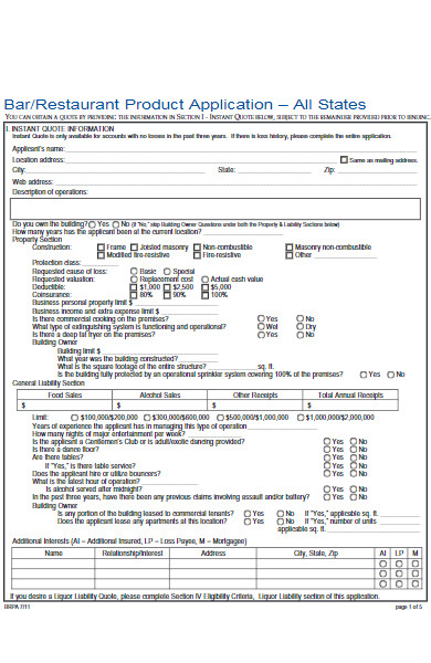 restaurant product application form