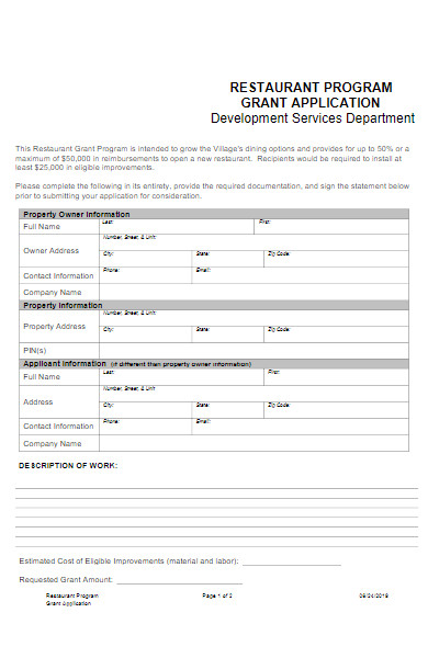 restaurant program grant application form