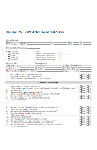 restaurant supplemental application form