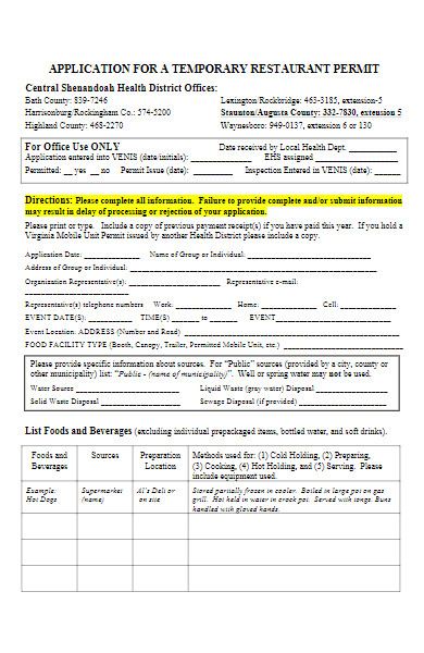 restaurant temporary permit application form
