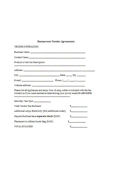restaurant vendor agreement application form
