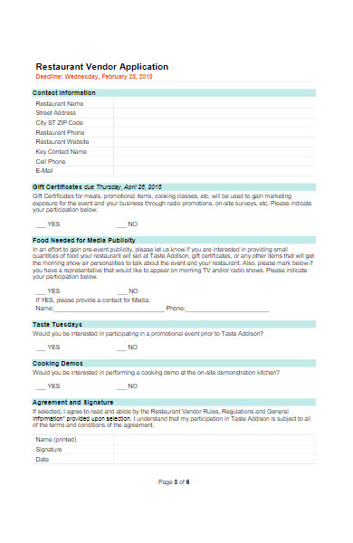 restaurant vendor application form