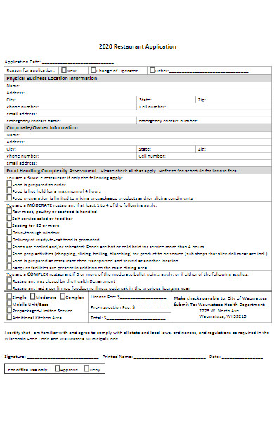 restaurants application form