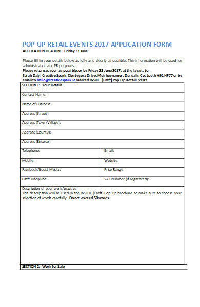 retail events application form