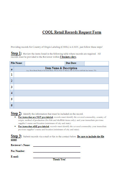 retail records request application form