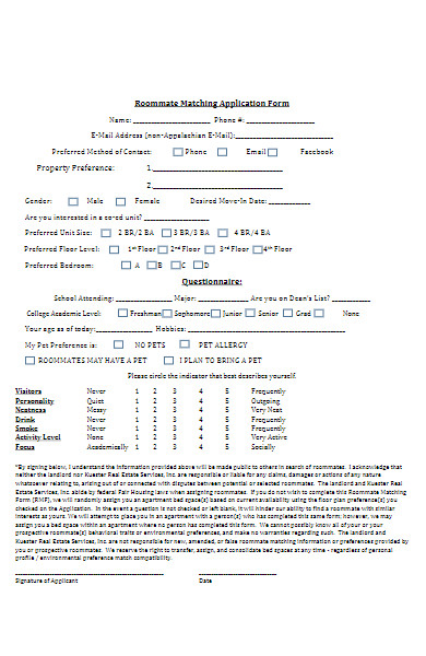 roommate matching application form
