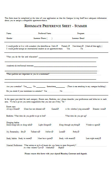 roommate preference sheet form