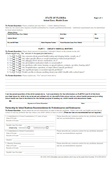 school entry health exam form
