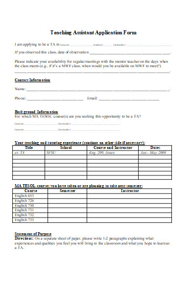 simple teaching assistant application form