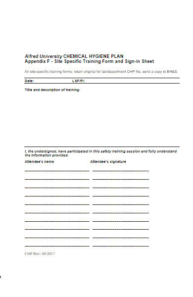 specific training and sign in forms