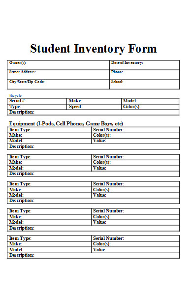 student inventory value form