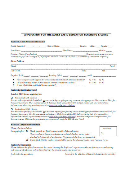 teachers licence application form
