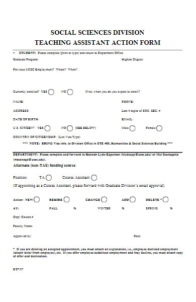 teaching assistant action form
