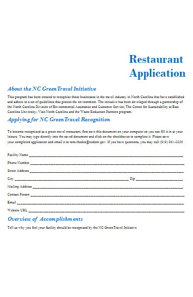 travel restaurant application form
