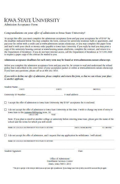 university admission acceptance form