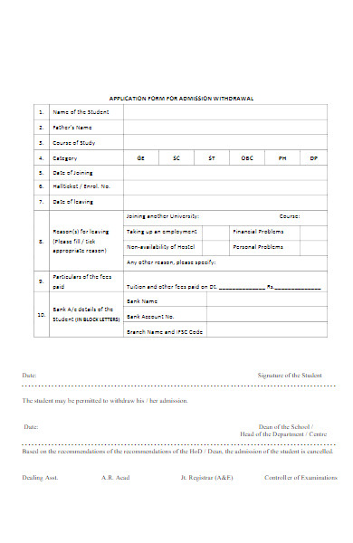 university application form for admission withdrawal